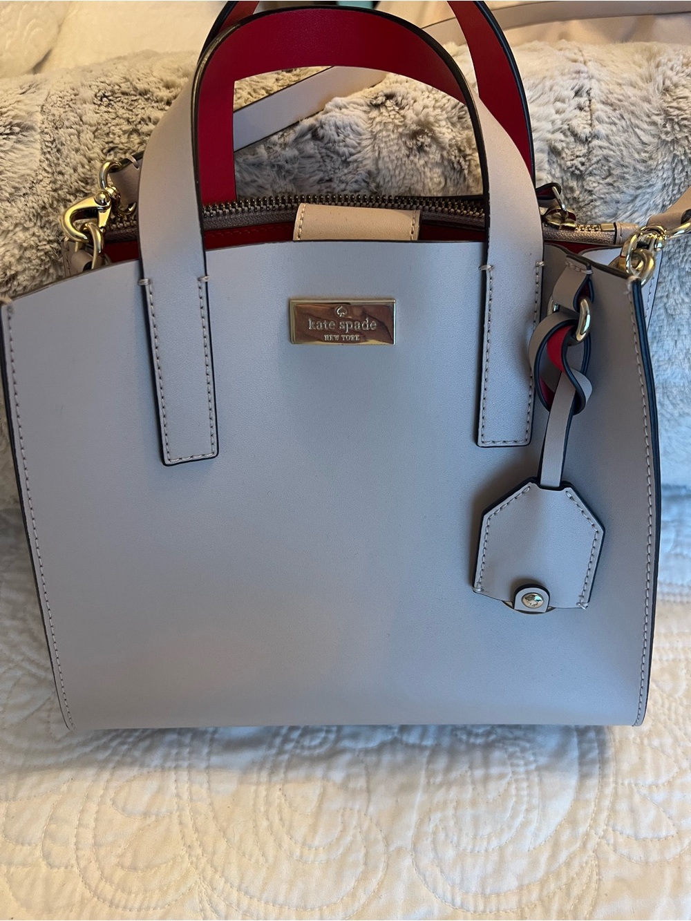 Kate Spade oyster/red Leather Satchel with Red Accents